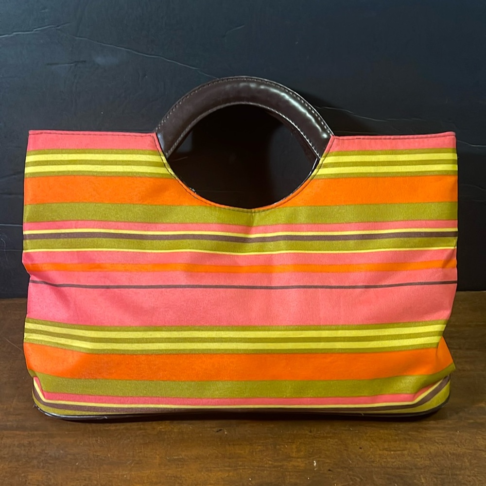 Striped Multicolor Clutch with Brown Handle